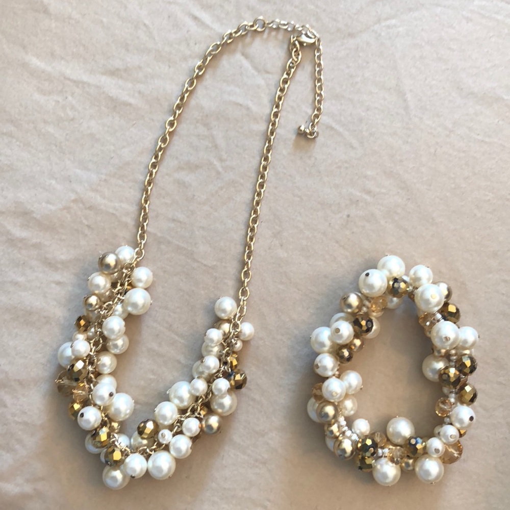 Pearl and Gold Cluster Necklace and Bracelet
